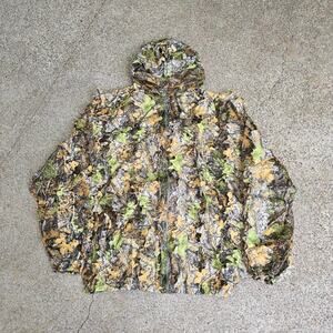 Vtg 90s 3D Abstract Leaf Camo Outdoors Lightweight Mesh Hooded Zip Up Jacket Lg